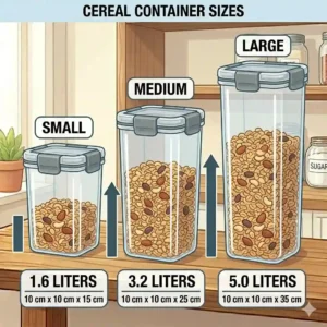 A dimensions guide comparing small, medium, and large airtight cereal food storage containers with their capacity in liters.