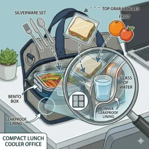 A stylized illustration of a compact lunch cooler sitting neatly on an office desk next to a laptop.