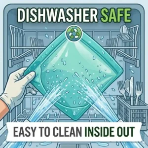 An illustration of a silicone bag turned inside out and placed in a dishwasher for easy cleaning.