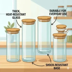 High-quality borosilicate glass storage bottle showing thick and heat-resistant walls.