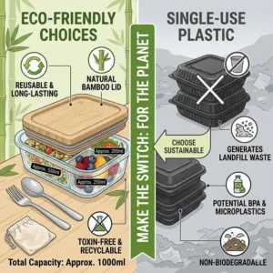 A sustainable and eco-friendly lunch box glass with divider shown as a plastic-free alternative for daily use.
