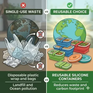 A sustainability-themed illustration showing collapsible food containers as an eco-friendly alternative to single-use plastic wrap and bags.