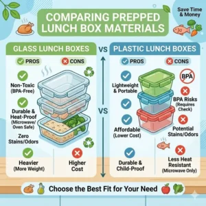 A comparison graphic highlighting the pros and cons of glass and plastic prepped lunch box materials.
