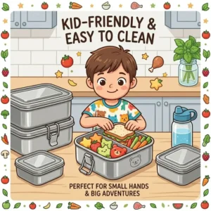 "A cute and colorful cartoon of a young boy happily packing his kid-friendly stainless steel bento containers with a sandwich and healthy snacks."