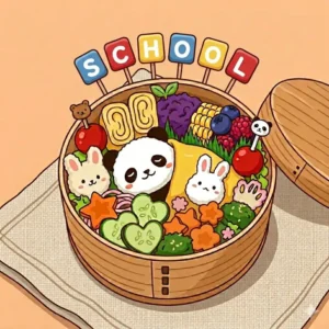 A colorful illustration of a kid-friendly cute bento box featuring a smiling sun made of egg yolk and star-shaped fruit slices.