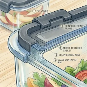 Icons representing the microwave, dishwasher, and oven-safe features of a premium glass lunch box set.