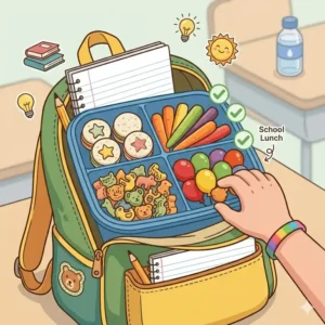 Colorful illustration of a compact silicone bento box packed with snacks inside a children's school backpack.