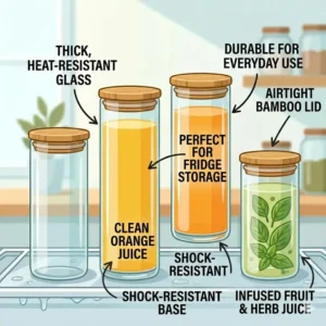 Clear glass storage bottle containing fresh orange juice stored inside a refrigerator door.