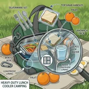 A durable lunch cooler placed on a picnic blanket outdoors during a park outing.