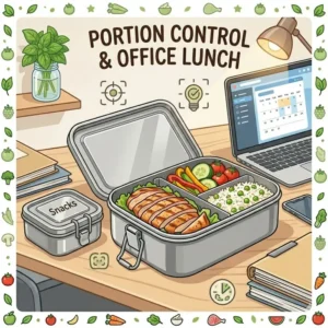 "An vector illustration of an adult portion control setup featuring modern stainless steel bento containers on an office desk next to a laptop."