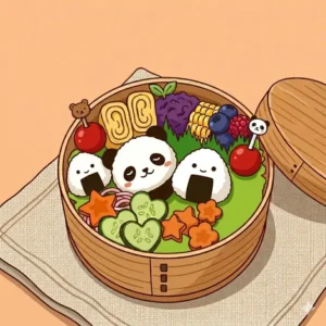 A minimalist and easy-to-make cute bento illustration using simple ingredients like sausage octopuses and pre-cut nori faces on plain rice.