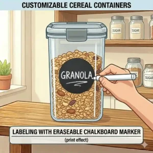 An illustration of minimalist cereal food storage containers featuring erasable chalkboard labels for easy kitchen organization.