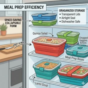 Neatly organized refrigerator shelves filled with labeled collapsible food containers containing prepped vegetables and grains.