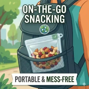 A small silicone snack bag filled with nuts and dried fruit tucked into a child’s school backpack.