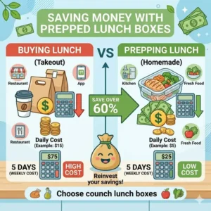 An infographic showing the significant cost savings when using a prepped lunch box instead of buying takeout.