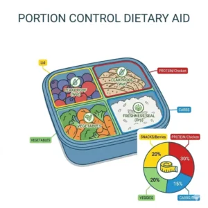 Top-down vector drawing highlighting the different sized compartments inside a three-section silicone bento box for portion control.