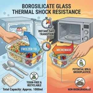 Demonstrating the thermal shock resistance of a lunch box glass with divider moving from freezer to microwave.