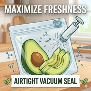 An illustration showing the airtight vacuum seal of a silicone bag keeping sliced avocado fresh and green.