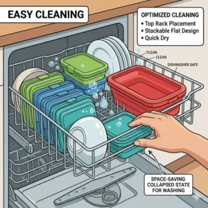 Illustration of collapsed silicone collapsible food containers being loaded into the top rack of a dishwasher for easy cleaning.
