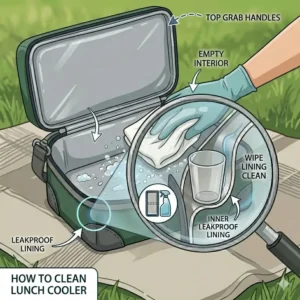 An illustration demonstrating how to easily wipe down and clean the interior lining of a lunch cooler bag.