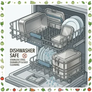 "A clear line art drawing showing how to properly place dishwasher safe stainless steel bento containers on the rack for easy cleaning."