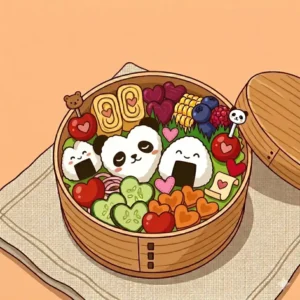 A lovely cute bento illustration designed with heart-shaped strawberries, pink rice, and love notes cut out of cheese for a special lunch.