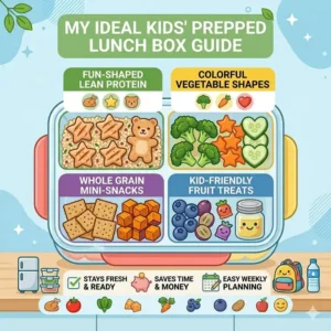 A fun and creative prepped lunch box design for kids featuring star-shaped food and healthy snacks.