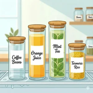 Minimalist glass storage bottle featuring a sleek waterproof label for home organization.