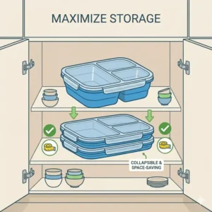 Flat design illustration showing a space-saving, collapsible silicone bento box stacked neatly in a kitchen cabinet.