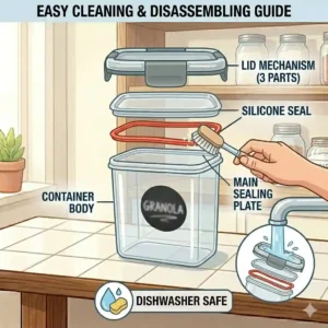 A visual guide demonstrating how to easily disassemble and clean modular cereal food storage containers.