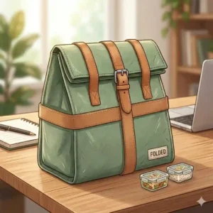 An illustration demonstrating how to fold a lunch bag into a flat, compact shape for easy storage.