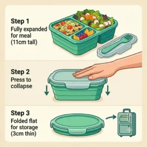 A collapsible silicone lunch box showing how it folds flat for easy storage.