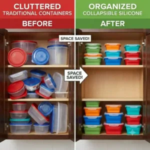 Before and after comparison of a kitchen cabinet organized with stacked collapsible tupperware to save space.