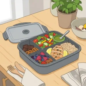 Colorful bento silicone baking cups used as dividers to separate different snacks inside a lunchbox.