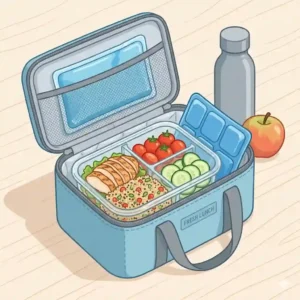 Infographic illustration showing the gel freezing process of lunch pail ice packs for long-lasting cold retention.