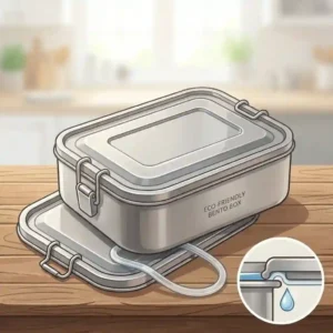Graphic illustration showing the leak-proof silicone seal of a stainless steel bento box lunch box.
