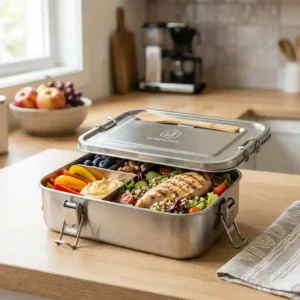 Instructional diagram showing the seal and snaps of a leakproof lunch lock box.