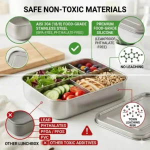 An infographic comparing safe materials like food-grade silicone and stainless steel against plastic lunchbox chemicals to help choose a non toxic lunch box