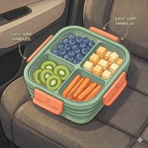 Diagram showing a spill-proof toddler snack container with flexible silicone flaps preventing food from falling out.