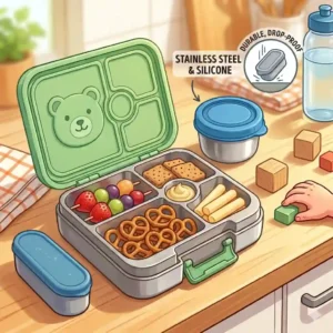 Durable stainless steel and silicone kids snack containers for active toddlers.
