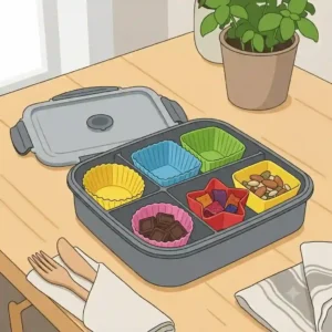 Durable bento silicone dividers organizing fruits and vegetables neatly inside a modern meal prep container.