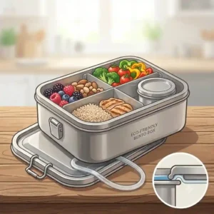 Multi-compartment stainless steel bento box lunch box separating different types of food.