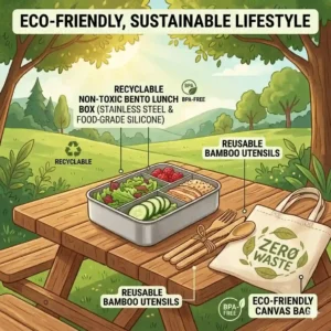 An illustration of a reusable, eco-friendly non toxic lunch box sitting next to a bamboo utensil set at an outdoor picnic