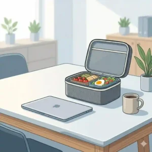 A minimalist illustration of a sleek gray lunch box sitting next to a laptop and coffee mug on a clean office desk.