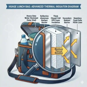 Cross-section illustration of a huge lunch bag highlighting the multi-layer thermal insulation and leakproof lining.