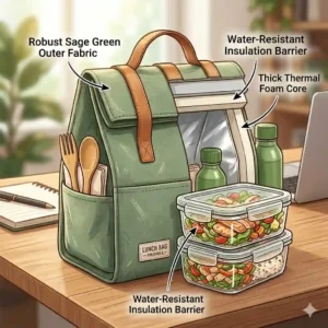 A cross-section illustration highlighting the thick leakproof insulation layers of a foldable lunch bag.