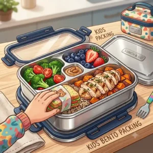 A colorful illustration of a child packing a durable stainless steel bento box with sandwiches and fruit snacks for school.