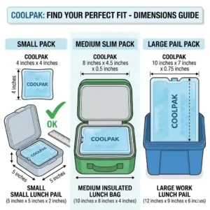 Illustration comparing different sizes of slim lunch pail ice packs fitting into standard school and work lunch pails.