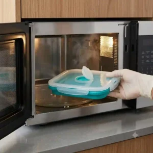 A person heating food in a microwave-safe collapsible tupperware container with the air vent open.