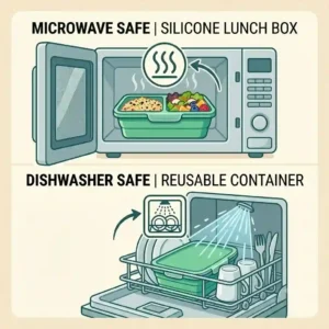 Icons illustrating that the silicone lunch box is microwave, freezer, and dishwasher safe.
